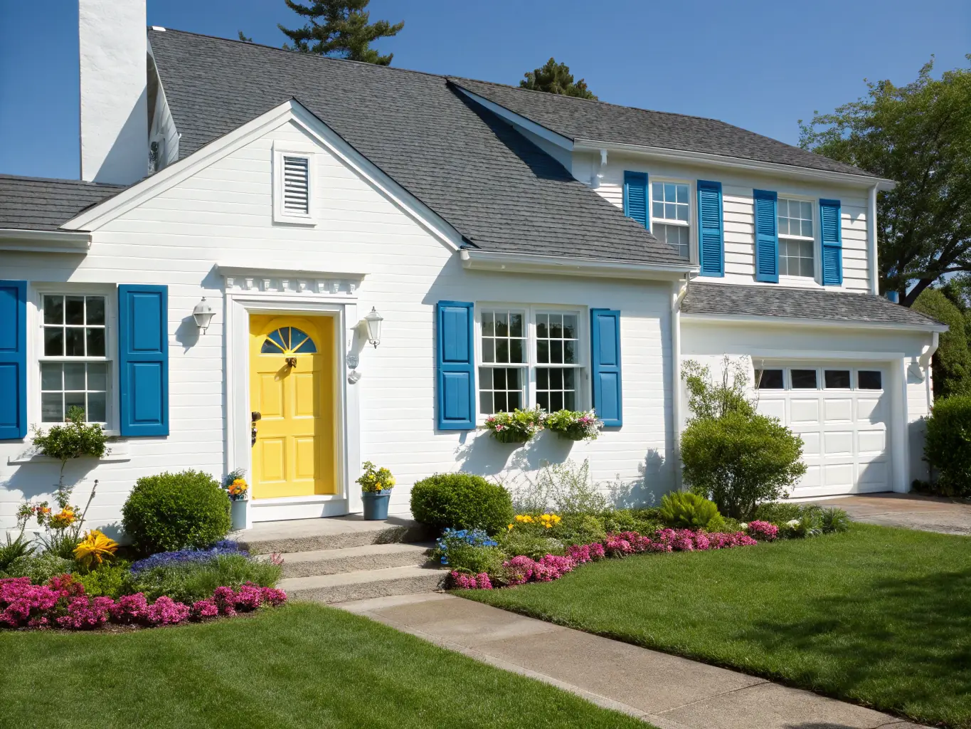 A clean, freshly washed house with vibrant siding and a well-maintained yard, showcasing the effectiveness of our exterior cleaning.
