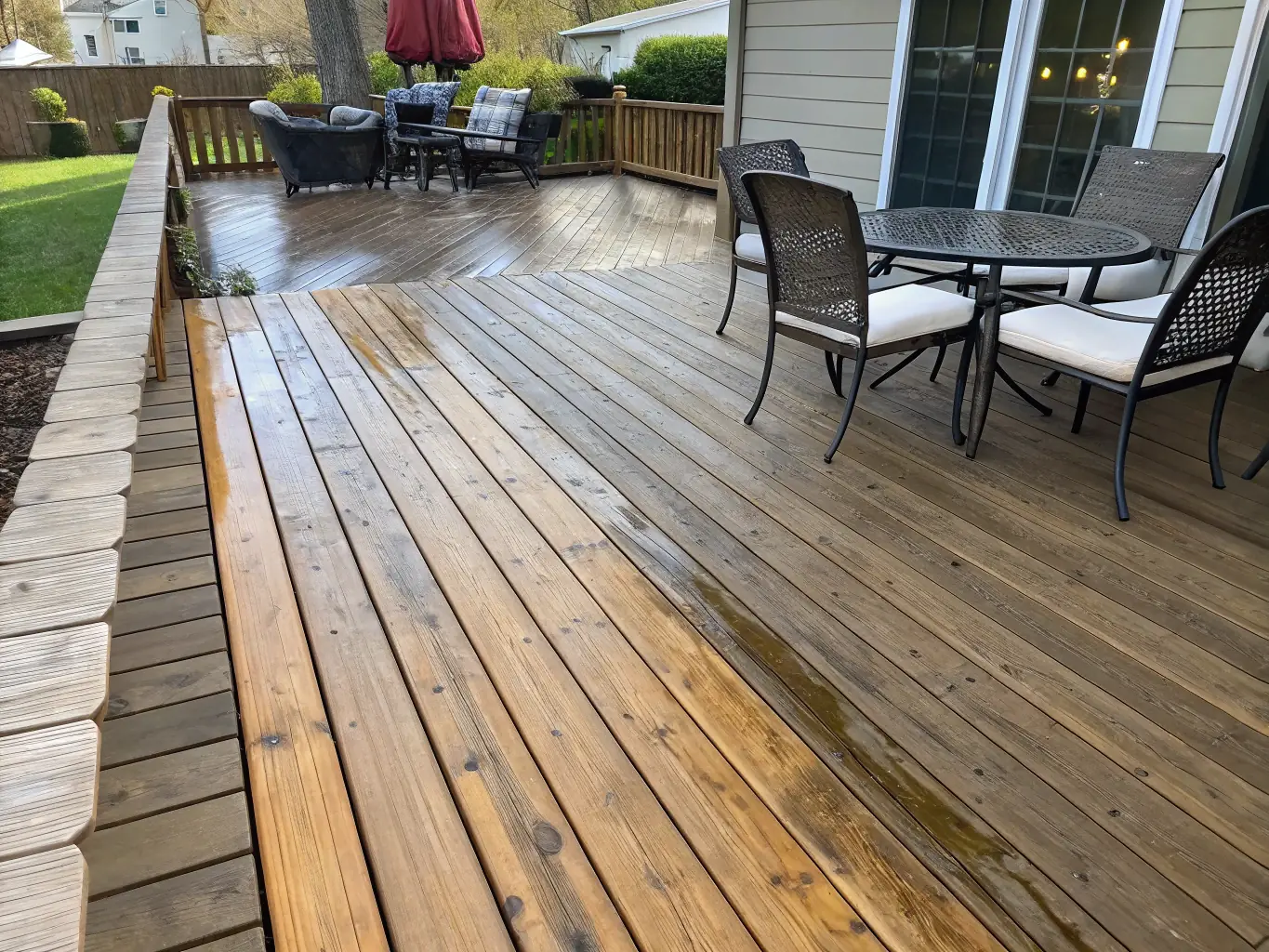 A beautifully cleaned wooden deck with bright, natural wood tones and no visible stains or moss.