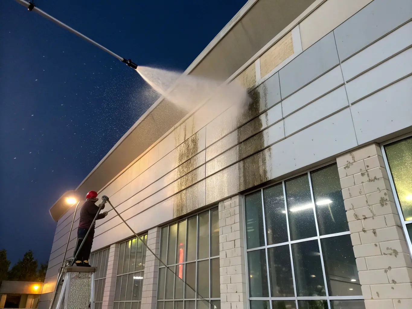 A commercial building exterior being pressure washed, demonstrating the cleaning of large surfaces and removal of graffiti.