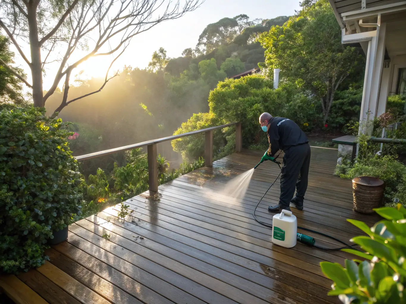 A wooden deck being cleaned with a pressure washer, highlighting the removal of algae and stains.