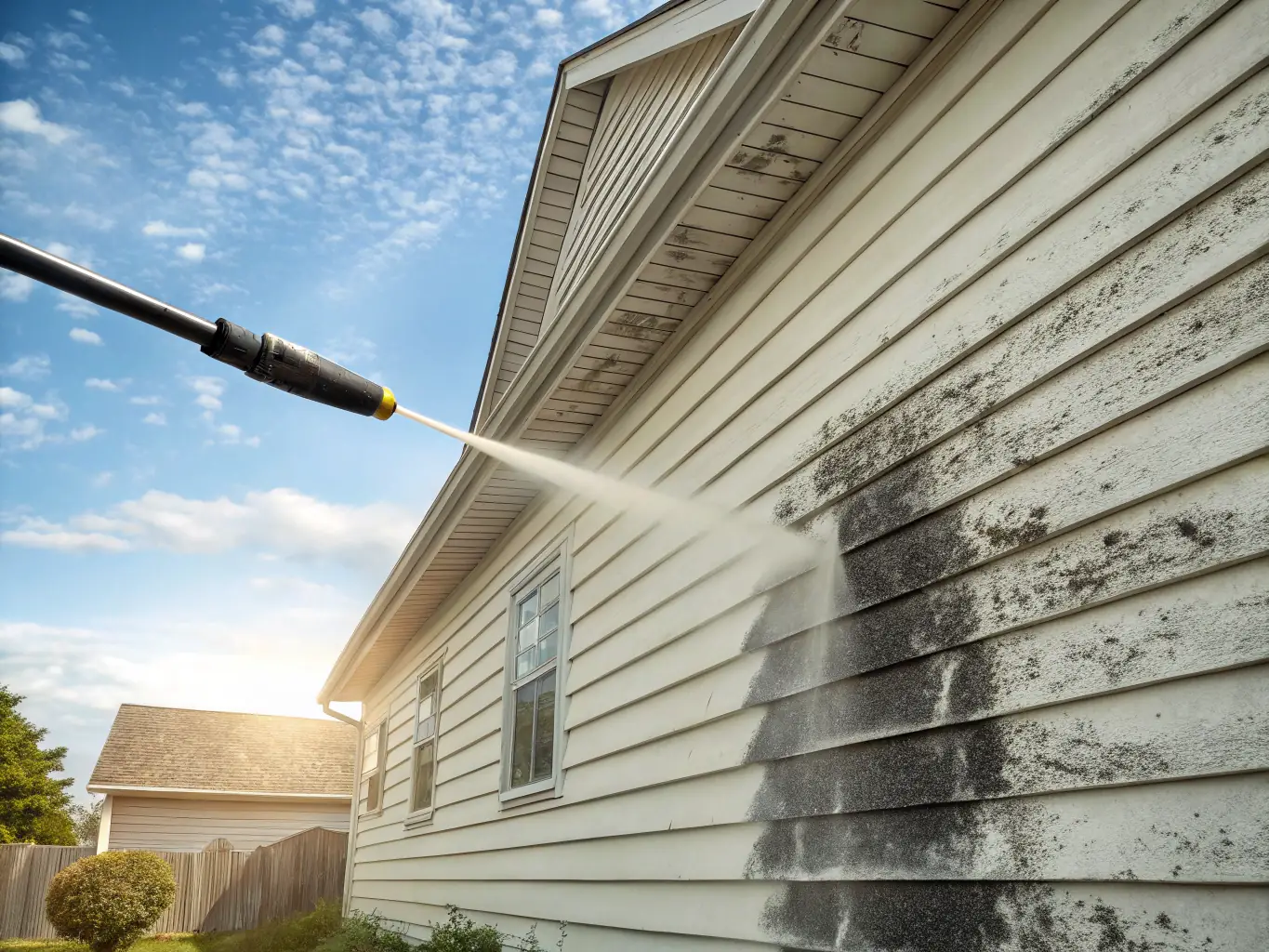 A residential house exterior being pressure washed, showcasing the removal of dirt and grime from the siding.
